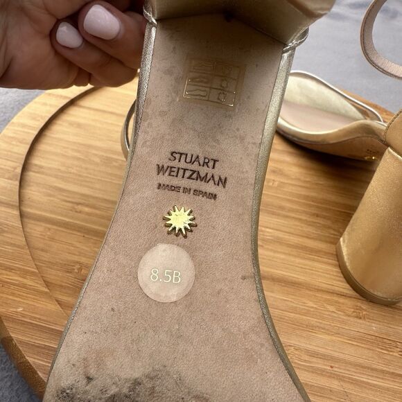 Stuart Weitzman Nearlynude Gem Buckle Sandal Block Heel Size 8.5 B Gold Formal - Picture 7 of 10